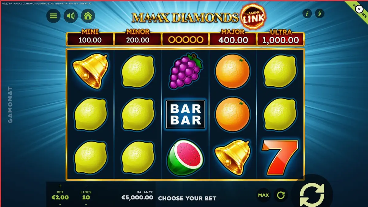 Tampilan visual slot Maaax Diamonds Flaming Link dengan simbol buah dan berlian menyala