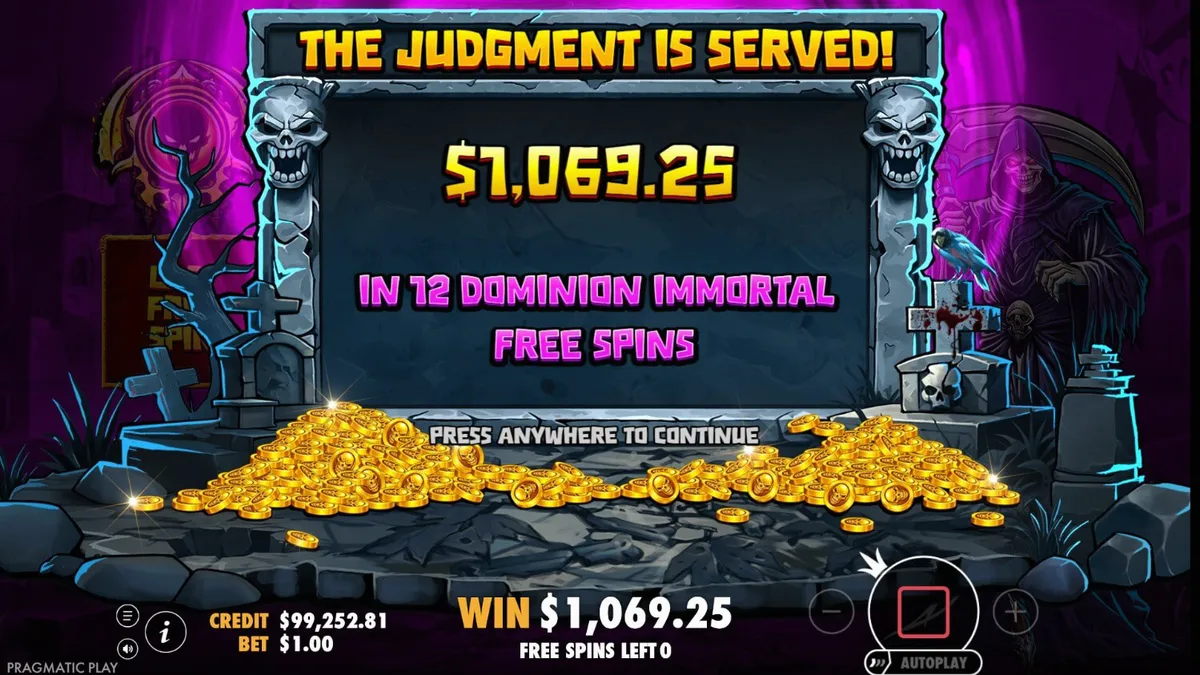 Tampilan visual slot Death Dominion dengan tema gotik dan simbol-simbol supernatural.